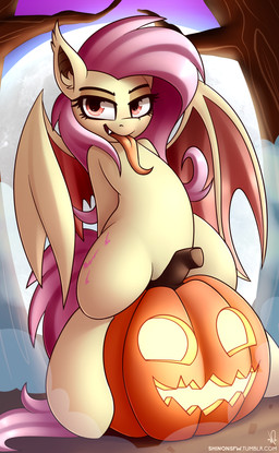 bat_wings biped cutie_mark fangs female feral food fruit fur hair holidays long_hair looking_at_viewer membrane_(anatomy) membranous_wings moon night nude outside pink_hair plant pumpkin red_eyes sitting_on_pumpkin smile solo teeth tongue tongue_out wings shinodage friendship_is_magic halloween hasbro my_little_pony flutterbat_(mlp) fluttershy_(mlp) bat_pony equid equine horse hybrid mammal pony vampire 2015 absurd_res digital_media_(artwork) hi_res