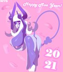 anthro big_breasts breasts clothing dress female food footwear halo high_heels holidays horn lipstick looking_at_viewer makeup shoes side_boob solo text marthedog new_year bayla_suss_(marthedog) bovid bovine cattle mammal absurd_res english_text hi_res