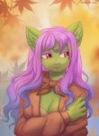 abstract_background anthro breasts cleavage clothed clothing coat crossed_arms female fluffy_ears fur green_body green_fur hair leaf looking_aside purple_hair slight_smile solo topwear margony hasbro my_little_pony earth_pony equid equine horse mammal pony digital_media_(artwork) half-length_portrait hi_res portrait shaded