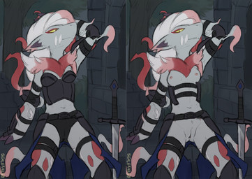 anthro areola armor breasts camel_toe clothed clothing female genitals looking_at_viewer melee_weapon nipples nude solo sword vulva weapon white_body yellow_eyes sealer4258 nintendo pokemon generation_8_pokemon hisuian_form hisuian_zoroark pokemon_(species) regional_form_(pokemon) absurd_res hi_res