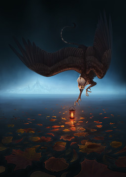 ambiguous_gender beak brown_body brown_feathers city city_background dark feathers feet feral flying fog lamp lantern leaf outside reaching solo talons toes water white_body white_feathers wings yellow_eyes wolfsecho mythology avian gryphon mythological_avian mythological_creature