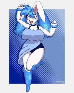 anthro blue_background blue_clothing blue_legs cheering clothing female fur grey_eyes head_tuft long_ears on_one_leg raised_arms simple_background smile solo standing thick_thighs tuft white_body white_fur kaizomei nintendo pokemon lapis_(nickzilla) generation_4_pokemon lagomorph lopunny mammal pokemon_(species) hi_res