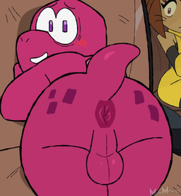 anthro anus backsack balls biped blush blush_lines butt duo genitals male pink_body sitting smile solo solo_focus tail whiskers mawile123 gameoverse glitch_productions gobbles_(gameoverse) kit_bodega dinosaur domestic_cat felid feline felis mammal prehistoric_species reptile scalie 2026 animated loop no_sound short_playtime video