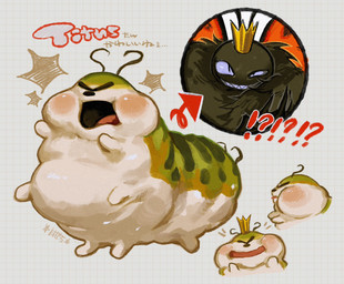 4_arms 4_legs ambiguous_gender angry antennae_(anatomy) black_antennae black_body blush countershading crown cutaway directional_arrow evil_grin eyebrows eyeless feral grin headgear multi_arm multi_limb obese obese_ambiguous obese_feral open_mouth overweight overweight_ambiguous overweight_feral ruff simple_background smile solo standing teeth text toothy_grin white_body white_countershading young young_ambiguous young_feral antenna0203 disney hoppers_(disney) pixar titus_(hoppers) arthropod butterfly caterpillar insect larva lepidopteran monarch_butterfly 2026 digital_media_(artwork) hi_res japanese_description japanese_text
