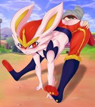 anthro athletic athletic_anthro bent_over_with_legs_held_straight blush breasts butt butt_grab clothing duo feet female hand_on_butt human_on_anthro interspecies looking_at_viewer male male/female oral outside paws red_eyes soles solo_focus stretching toes torn_clothing boobacafe nintendo pokemon victor_(pokemon) cinderace generation_8_pokemon human lagomorph leporid mammal pokemon_(species) 2020 hi_res