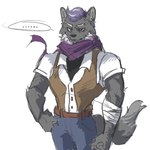 1:1 anthro baidou bandage barazoku beard belt bottomwear canid canine canis clothing core_tailang facial_hair hair male mammal muscular muscular_anthro muscular_male pants pleasant_goat_and_big_big_wolf purple_beard purple_facial_hair purple_hair purple_scarf scarf shirt simple_background topwear white_background wolf