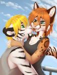 anthro breasts chest_tuft clothed clothing day duo eyelashes female fur green_eyes hug inner_ear_fluff male male/female open_mouth outside pink_nose sky smile striped_body striped_fur stripes teeth tongue tuft white_body white_fur yellow_eyes kyotoleopard smilek_(character) vika_(f-r95) felid feline leopardus mammal margay pantherine tiger 2017 digital_media_(artwork) hi_res shaded