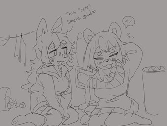 anthro bottomwear breasts circle_eyebrows clothed clothed_anthro clothed_female clothes_line clothing dialogue duo eyebrows eyes_closed facial_markings female female/female female_anthro fur hair hand_behind_head head_markings hoodie looking_at_another markings mask_(marking) open_mouth open_smile round_ears shirt shorts sitting skirt smile sweater talking_to_another text topwear trash_can tuft puppy_in_space kiki_(tanukikis) mini_(puppy_in_space) canid canine canis domestic_dog mammal raccoon_dog tanuki 2025 digital_drawing_(artwork) digital_media_(artwork) english_text monochrome