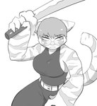 anthro belt belt_buckle big_breasts biped breasts buckle claws clothing eyewear female finger_claws fur glasses hair holding_melee_weapon holding_object holding_weapon machete melee_weapon muscular muscular_anthro muscular_female short_hair simple_background solo stern_look striped_body striped_fur stripes tail thick_tail tight_clothing weapon phosenpai felid mammal pantherine tiger 2024 absurd_res greyscale hi_res monochrome