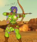 angry arrow_(weapon) balls big_balls big_breasts big_penis blush bodily_fluids boots bottomwear bow_(weapon) breasts bulge clothed clothing dialogue footwear genitals gloves green_body green_skin gynomorph hair handwear holding_object holding_weapon huge_breasts humor hunter intersex leather loincloth muscular muscular_gynomorph muscular_humanoid muscular_intersex navel nipples not_furry open_mouth penis pubes purple_hair ranged_weapon shoes solo text thick_thighs topless wardrobe_malfunction weapon battleorca blizzard_entertainment warcraft humanoid orc 2019 digital_media_(artwork) english_text hi_res