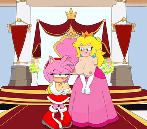 accessory annoyed anthro areola armwear big_breasts black_nose blonde_hair blue_eyes blush blush_lines boots bracelet breast_envy breasts clothed clothing crown dress duo ear_piercing elbow_gloves exposed_breasts eyelashes female footwear front_view fur gloves green_eyes hair hair_accessory hairband handwear head_tuft headgear jewelry lipstick makeup nipples piercing pink_areola pink_body pink_clothing pink_dress pink_fur pink_hair pink_lipstick pink_nipples ponytail red_boots red_clothing red_dress red_footwear shoes short_hair tan_body tan_fur tan_skin tuft white_clothing white_gloves white_handwear jeanart mario_bros nintendo sega sonic_the_hedgehog_(series) amy_rose princess_peach eulipotyphlan hedgehog human mammal hi_res