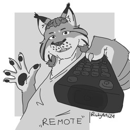 anthro claws clothing controller ear_tuft fangs looking_at_viewer male pawpads remote_control shirt simple_background solo teeth topwear tuft ricky_arts felid feline humanoid lynx mammal 1:1 2024 black_and_white monochrome
