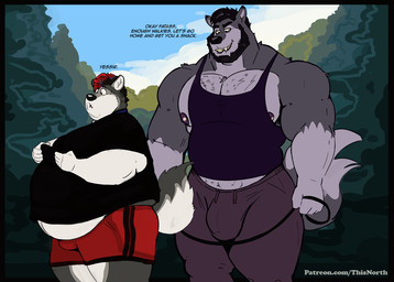 ahir anthro barbell_piercing beard belly belly_peek big_belly big_bulge big_muscles big_pecs body_hair bottomwear bulge chest_hair clothed clothing collar detailed_bulge dialogue dominant dominant_male duo electronics facial_hair feederism fluffy fluffy_tail fully_clothed hair happy_trail holding_leash holding_object holding_phone huge_bulge insult larger_dom larger_male leash leg_markings looking_at_another looking_at_object looking_at_phone male male/male markings multicolored_hair muscular muscular_arms muscular_male nipple_piercing nipples open_mouth outside overweight overweight_male pants pecs phone piercing plant pointy_ears shirt shorts size_difference small_bulge smaller_male smile socks_(marking) submissive submissive_male sweatpants t-shirt tail tank_top teeth text topwear tree two_tone_hair walking weight_difference tcw canid canine canis mammal wolf english_text url