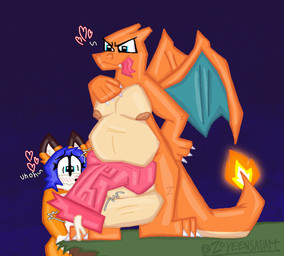 anthro balls big_balls big_penis blue_hair bodily_fluids claws dialogue duo female fire fur genital_fluids genitals hair male male/female orange_body orange_fur penis penis_in_face penis_on_face precum throbbing throbbing_penis tongue wings zoyeensadart mythology nintendo pokemon melody_(honibnuuy) charizard dragon generation_1_pokemon mythological_creature mythological_scalie pokemon_(species) scalie