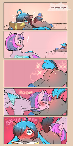5_panel black_hair black_tail blue_eyes blue_hair_tips blue_hooves blue_tail_tip blue_wings blush blush_lines butt_sniffing dipstick_tail duo female feral grey_body grey_skin gynomorph hair heart_pupils heart_symbol highlights_(coloring) hooves horn intersex long_hair markings onomatopoeia pink_highlights pupils purple_hair purple_tail quadruped short_hair short_tail sniffing sound_effects sparkles tail tail_markings text white_pupils wings cold-blooded-twilight friendship_is_magic hasbro my_little_pony mythology tundra_sparkle_(cold-blooded-twilight) twilight_sparkle_(mlp) earth_pony equid equine horse mammal mythological_creature mythological_equine pony winged_unicorn 1:2 2022 hi_res signature