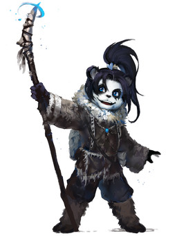 accessory animal_skin anthro black_hair black_nose blue_eyes boots bottomwear clothed clothing feathers female footwear fully_clothed fur_coat hair hair_accessory hair_ring heart_clothing heart_symbol holding_object holding_weapon jewelry magic_user necklace open_mouth pants ponytail pose shoes simple_background smile solo staff weapon white_background young young_anthro young_female dopq blizzard_entertainment warcraft li_li_stormstout bear mammal pandaren 2015 3:4 colored digital_drawing_(artwork) digital_media_(artwork) hi_res