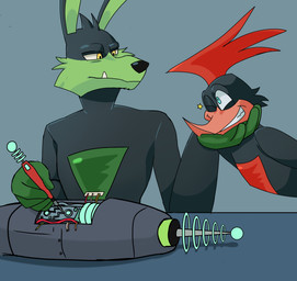 anthro beak black_body black_bodysuit black_clothing black_ears black_fur black_hair black_nose black_skinsuit bodysuit clothed clothing duo eye_contact feather_hair feathers fur gloves green_body green_bodysuit green_clothing green_eyes green_fur green_gloves green_handwear green_skinsuit hair half-closed_eyes handwear head_on_hand holding_object looking_at_another love machine male male/male multicolored_body multicolored_bodysuit multicolored_clothing multicolored_fur multicolored_skinsuit narrowed_eyes one_eye_closed one_eye_half-closed orange_beak pseudo_hair ranged_weapon raygun red_bodysuit red_clothing red_feather_hair red_hair red_skinsuit repair romantic romantic_couple sharp_teeth skinsuit smile star teeth tight_clothing two_tone_body two_tone_bodysuit two_tone_clothing two_tone_fur two_tone_skinsuit weapon wink wire yellow_eyes fernypaw loonatics_unleashed looney_tunes warner_brothers rev_runner tech_e._coyote avian bird canid canine canis coyote cuculiform mammal new_world_ground_cuckoo roadrunner 2024 digital_media_(artwork) hi_res