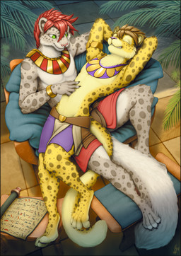 5_fingers anthro barefoot belly_rub bracelet clothed clothing digitigrade duo eyes_closed feet fingers green_eyes hair jewelry male male/male red_hair scroll smile tail teeth vader-san cheetah felid feline leopard mammal pantherine 2018 digital_media_(artwork) hi_res