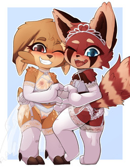 anthro armwear bridal_lingerie clothed clothing duo elbow_gloves facial_markings fangs female female/female fur genitals gloves hand_on_hip handwear head_markings lace_stockings legwear lingerie looking_at_viewer markings multicolored_body multicolored_fur nipples one_eye_closed open_mouth panties raised_leg skimpy smile standing stockings teeth tongue underwear vulva wedding_clothing wedding_gloves white_clothing white_gloves white_handwear wink winking_at_viewer young orez_art aiko_(infamousrel) akko_(orezart) ailurid deer mammal red_panda absurd_res hi_res