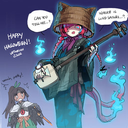 2_tails asian_clothing bachi beaded_bracelet beaded_jewelry beads bracelet braided_hair clothing colored_nails cosplay crossover_cosplay duo east_asian_clothing female fingernails fire flaming_tail green_clothing green_kimono hair holding_musical_instrument holding_object holding_pluck_string_instrument holding_shamisen holding_string_instrument holidays japanese_clothing jewelry kimono mirrored_text multi_tail musical_instrument nails pigtails plucked_string_instrument red_eyes red_fingernails red_hair red_nails shamisen speech_bubble string_instrument tail text twin_braids twintails_(hairstyle) wings kaibootsu asian_mythology east_asian_mythology fromsoftware halloween japanese_mythology mythology sekiro:_shadows_die_twice touhou o'rin_of_the_water rin_kaenbyou utsuho_reiuji animal_humanoid avian avian_humanoid cat_humanoid felid felid_humanoid feline feline_humanoid humanoid mammal mammal_humanoid nekomata winged_humanoid yokai 1:1 2025 crossover dated english_text hi_res signature