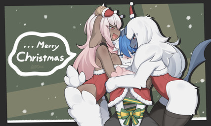 anthro biped blue_eyes blue_hair blush bottomwear breasts brown_tail butt clothed clothed_anthro clothed_female clothed_male clothing female fingers fully_clothed fully_clothed_anthro fully_clothed_male fur group hair horn long_hair male pink_eyes pink_hair red_eyes sitting smile standing tail topwear trio white_hair white_tail zinfyu nintendo pokemon lute_(zinfyu) sakura_hichuena absol bovid canid canine caprine generation_3_pokemon mammal pokemon_(species) sheep 2025 absurd_res digital_drawing_(artwork) digital_media_(artwork) hi_res