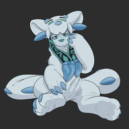 ambiguous_gender blue_eyes blue_nose clothed clothing creases fake_claws feet front_view long_tail looking_at_viewer simple_background sitting solo suit tail white_clothing white_suit posexe nintendo pokemon coobs_the_glaceon_(posexe) chien-pao eeveelution generation_4_pokemon generation_9_pokemon glaceon legendary_pokemon pokemon_(species) 1:1 2025 hi_res