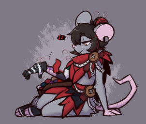anthro biped black_hair bottomwear brown_eyes buckteeth button_(fastener) clothed clothed_anthro clothed_female clothing feet female fingers fully_clothed fully_clothed_anthro fully_clothed_female fur gloves grey_background grey_body grey_fur hair hand_on_ground handwear musical_note musical_symbol notched_ear one_glove patchwork_clothing pink_inner_ear pink_nose pink_paws pink_tail pose prosthetic prosthetic_arm prosthetic_limb rope sewing_needle side_view simple_background sitting smile solo symbol tail teeth thread toes topwear yokozuwari mewgle stitch_(mewgle) animate_inanimate hybrid mammal mouse murid murine rodent 2025 colored digital_drawing_(artwork) digital_media_(artwork)