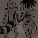 1:1 5_fingers anthro armor bottomwear bound butt cat_tail chain chain_leash clothing cuff_(restraint) diego_(rjaye) digital_drawing_(artwork) digital_media_(artwork) domestic_cat dominant dominant_male dungeon duo emikochan emikochan_(character) executioner felid feline felis female female_anthro fingers fluffy fluffy_tail gate hallway hat headgear headwear imminent_death leash light male male/female male_dominating_female mammal markings pants phrygian_cap prisoner procyonid raccoon ragged_clothing rags rear_view restraints ring_(marking) ringed_tail shirt shorts stone_wall striped_markings striped_tail stripes submissive submissive_female tail tail_markings tank_top topwear tunic vambrace wall_(structure) wide_hips wrist_cuffs