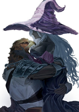 anthro armor beak carrying_another clothing duo eye_contact female hair hat headgear headwear hug hugging_another looking_at_another male robe side_view white_hair wings witch_hat yellow_eyes aka_boguma elden_ring elden_ring_nightreign fromsoftware guardian_(nightreign) recluse_(nightreign) avian bird human mammal