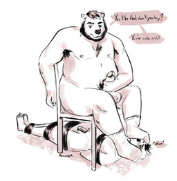 anthro armpit_hair balls bdsm beard belly blush bodily_fluids body_hair bondage bound chair chastity_device chest_hair clothing dialogue dominant dominant_male duo facial_hair feet foot_fetish foot_on_face footwear furniture genital_fluids genitals hair larger_male male male/male masturbation nipples overweight overweight_male penis precum pubes restraints sitting size_difference slim_male smaller_male socks speech_bubble submissive submissive_male text rovindeer bear canid canine canis mammal wolf black_and_white english_text hi_res monochrome sketch