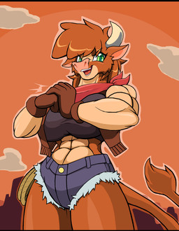 abs anthro anthrofied biped black_bars bottomwear breasts brown_body brown_hair brown_tail clothing cloud female fist gloves green_eyes hair handwear horn lasso looking_at_viewer mountain muscular muscular_anthro muscular_female shorts solo sunset tail topwear vest droll3 them's_fightin'_herds arizona_cow_(tfh) beef_cattle bovid bovine cattle hereford_cattle mammal 2020 absurd_res digital_media_(artwork) hi_res letterbox