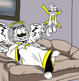 against_surface against_wall annoyed anthro barefoot black_eyes black_sclera claws clenched_teeth clothing crea_gray crossed_legs duct_tape duo eyelashes fangs feathered_wings feathers feet fnf_mods fur fur_tuft furniture halo hand_on_knee hand_on_leg inside living_room male markings painting_(object) pointy_ears prick_ears pupils robe sitting smile sofa striped_head striped_markings striped_tail stripes tail tail_markings tape taped_body teeth tuft whiskers white_body white_clothing white_fur white_pupils white_robe white_wings wings yellow_claws yellow_clothing yellow_eyes yellow_robe yellow_tape friday_night_funkin' garfield_(series) garfield_the_cat godfield_(lumpy_touch) gorefield_(creepypasta) nermal_(garfield) angel deity domestic_cat felid feline felis mammal tabby_cat digital_drawing_(artwork) digital_media_(artwork) flat_colors hi_res meme
