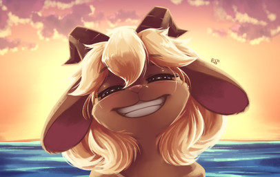 anthro blonde_hair detailed_background female fur hair smile solo sunset water yellow_body yellow_fur echoseed rose_(echoseed) bovid caprine domestic_sheep mammal sheep 2016 portrait