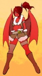 boots breasts brown_eyes clothed clothing female footwear front_view hair hair_over_eye humanoid_pointy_ears membrane_(anatomy) membranous_wings one_eye_obstructed pointy_ears ponytail red_body red_hair red_skin shoes simple_background skimpy smile solo standing wings momorodent mythology animal_humanoid dragon dragon_humanoid humanoid mythological_creature mythological_scalie scalie restricted_palette