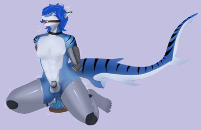abs anthro blue_dildo blue_hair breath chastity_cage chastity_device collar dildo femboy gag gagged_drooling green_eyes hair male markings panting penetration prosthetic prosthetic_arm prosthetic_leg prosthetic_limb riding_dildo ring_gag sex_toy shaking shark_tail solo striped_markings striped_tail stripes tail tail_markings tongue tongue_out trembling wearing_chastity_cage wearing_chastity_device aquatic fish requiem_shark shark tiger_shark hi_res