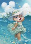 anthro beach belt blue_eyes button_dress clothed clothing cloud detailed_background dress eyelashes female fingers fur green_clothing green_dress hat headgear headwear legs_in_water open_mouth open_smile outside partially_submerged polka_dot_clothing polka_dot_dress red_nose sea seaside sky smile solo submerged_legs tan_body tan_fur water wave wind nonananana chip_'n_dale disney clarice_(disney) chipmunk ground_squirrel mammal rodent sciurid 2019