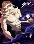 abs anthro biceps biped blonde_hair body_hair bottomwear chest_tuft chromatic_aberration claws clothed clothing cosmic_background detailed_background facial_markings fangs forehead_markings fur glistening glistening_eyes hair head_markings looking_at_viewer male mane markings muscular muscular_anthro muscular_male navel nipples pecs smile smirk solo sparkles sparkling_eyes standing tan_body tan_fur teeth text topless tuft underwear whiskers white_body white_eyes white_fur white_markings vanadiumvalor solar_house sol_(solar_house) felid humanoid lion mammal pantherine 2022 absurd_res digital_media_(artwork) hi_res shaded signature