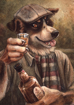 alcohol anthro beer beverage black_nose claws clothed clothing fangs fur hat headgear headwear looking_at_viewer multicolored_body multicolored_fur solo teeth tongue tongue_out two_tone_body two_tone_fur kenket canid canine canis domestic_dog mammal 2015 traditional_media_(artwork)