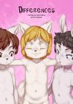 ambiguous_gender anthro blush casual_nudity group innocent_nudity looking_at_genitalia navel nipples nude text young young_anthro aogami chris_(doomhelm) mike_(doomhelm) sarah_(doomhelm) canid canine canis fox lagomorph leporid mammal rabbit wolf 2016 absurd_res comic cover cover_art cover_page english_text hi_res