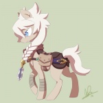 blue_body blue_eyes blue_fur braided_hair feral fur hair long_hair male melee_weapon saddle_bag scarf simple_background solo sword tan_body tan_fur weapon white_hair lanmana hasbro my_little_pony equid equine horse mammal pony 1:1 2013