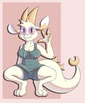 anthro claw_fingers clothed clothing crouching female horn looking_at_viewer overalls solo white_body ruiny34 chikn_nuggit mythology fwench_fwy_(chikn_nuggit) dragon mythological_creature mythological_scalie scalie absurd_res hi_res nonbinary_(lore)