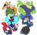 anthro big_breasts bodysuit breasts cleavage clothed clothing crossgender female group huge_breasts jacket kerchief mtf_crossgender muscular muscular_female shirt skinsuit smile tight_clothing topwear wide_hips dreamerknight helluva_boss mythology nintendo star_fox ari_(dreamerknight) asmodeus_(helluva_boss) fox_mccloud stolas_(helluva_boss) canid canine demon dragon fox mammal mythological_creature mythological_scalie owl_demon scalie hi_res