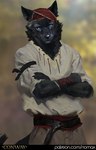 anthro belt black_body black_fur black_nose blue_eyes bottomwear clothed clothing fur head_covering looking_at_viewer male pants red_belt shirt solo tail text topwear white_clothing white_shirt white_topwear nomax conway_(game) wolf_(conway) canid canine canis mammal wolf 2023 url