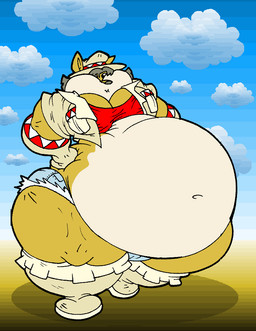 anthro belly big_belly big_breasts black_hair boots bottomwear breasts chubby_cheeks clothing crop_top deep_navel female footwear fur gloves hair handwear hat headgear headwear huge_belly huge_thighs jacket navel obese obese_anthro overweight overweight_anthro shirt shoes shorts solo tan_body tan_fur thick_thighs topwear weapon virus-20 june_coyote canid canine canis coyote mammal 2013 digital_media_(artwork)