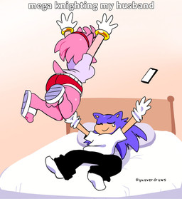 4_fingers acceptance accessory alternate_costume anthro anthrofied bed biped black_bottomwear black_clothing black_nose black_pants blue_body blue_fur blue_quills bodily_fluids bottomwear butt cellphone clothed clothed_anthro clothed_female clothed_male clothing crying dive_bomb duo electronics eyes_closed female fingers footwear fully_clothed fully_clothed_anthro fully_clothed_female fully_clothed_male fur furniture gloves hair_accessory hairband handwear husband_and_wife male married_couple pants phone pillow pink_body pink_fur pink_quills pink_tail pounce pouncing_on_another quills_(anatomy) red_bottomwear red_clothing red_hairband red_shorts redesign sandals shirt shoes shorts smartphone snout socks t-shirt tail tan_arms tan_mouth tears tears_of_joy teary_eyes text throwing_phone topwear wearing_gloves white_clothing white_gloves white_handwear white_shirt white_t-shirt white_topwear quavernsfw sega sonic_the_hedgehog_(series) amy_rose sonic_the_hedgehog eulipotyphlan hedgehog mammal artist_name english_text hi_res