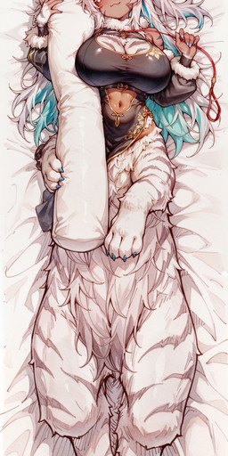 4_toes 5_fingers ahoge animal_arms animal_ears armwear bare_shoulders big_breasts black_clothing black_topwear blue_claws blue_eyes blue_nails blush breasts claws clothed clothed_female clothed_taur clothing colored_nails cutout dark_body dark_skin detached_sleeves feet female fingers fur hair holding_object holding_pillow inner_ear_fluff lying markings nails navel navel_cutout on_back paws pillow quadruped solo striped_body striped_markings striped_tail stripes tail tail_markings toes topwear tuft white_body white_fur white_hair a.white felid felid_taur feline feline_taur humanoid_taur mammal mammal_taur taur absurd_res hi_res