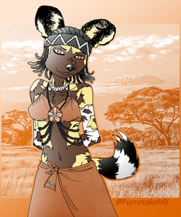 5_fingers anthro bottomwear bra cheek_tuft claws clothing collar countershade_face countershade_fur countershade_neck countershade_torso countershading dreadlocks facial_tuft female fingers fluffy fluffy_tail fur hands_behind_back kerchief looking_at_another markings multicolored_body multicolored_fur navel skirt smile smiling_at_another solo spots spotted_body spotted_fur tail teeth tuft underwear efradraws african_wild_dog canid canine canis mammal absurd_res hi_res