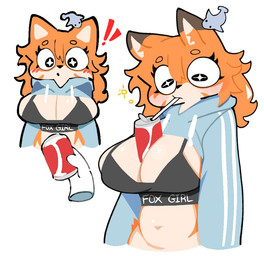anthro before_and_after between_breasts beverage_between_breasts beverage_can big_breasts blush bra breasts brown_ear_tips cleavage clothed clothing countershade_torso countershading crop_hoodie dipstick_ears disembodied_hand drawstring_hoodie drinking_straw ear_markings emoji_description exclamation_point female female_anthro fur grey_bra grey_clothing grey_sports_bra grey_underwear hair inner_ear_fluff multicolored_ears navel offering_beverage orange_body orange_fur orange_hair orange_inner_ear_fluff round_eyes simple_background small_waist solo sports_bra tan_body tan_countershading tuft underwear white_background white_sclera wide_eyed ssslommm2 canid canine fox mammal 2026 digital_drawing_(artwork) digital_media_(artwork)