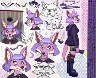 anthro boots bottomwear candle clothing ear_piercing ear_ring eyelashes female flashlight footwear freckled_face freckles fur hair hoodie hotpants incense incense_burner incense_stick jewelry knee_highs legwear long_eyelashes multiple_angles necklace pattern_clothing pattern_legwear piercing playlist purple_body purple_fur purple_hair ring_piercing shoes short_hair shorts solo striped_clothing striped_legwear stripes topwear pouchprints claire_(pouchprints) arachnid arthropod canid canine fox mammal spider model_sheet trans_(lore) trans_woman_(lore)