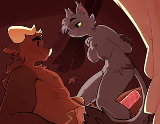 anthro areola biceps blush blush_stickers breasts chest_tuft curtains female genitals hanging_breasts horn lying male male/female muscular muscular_female muscular_male on_back penis serratus size_difference smug standing teasing tuft wet wet_body egobitz bovid bovine cattle felid feline mammal absurd_res hi_res